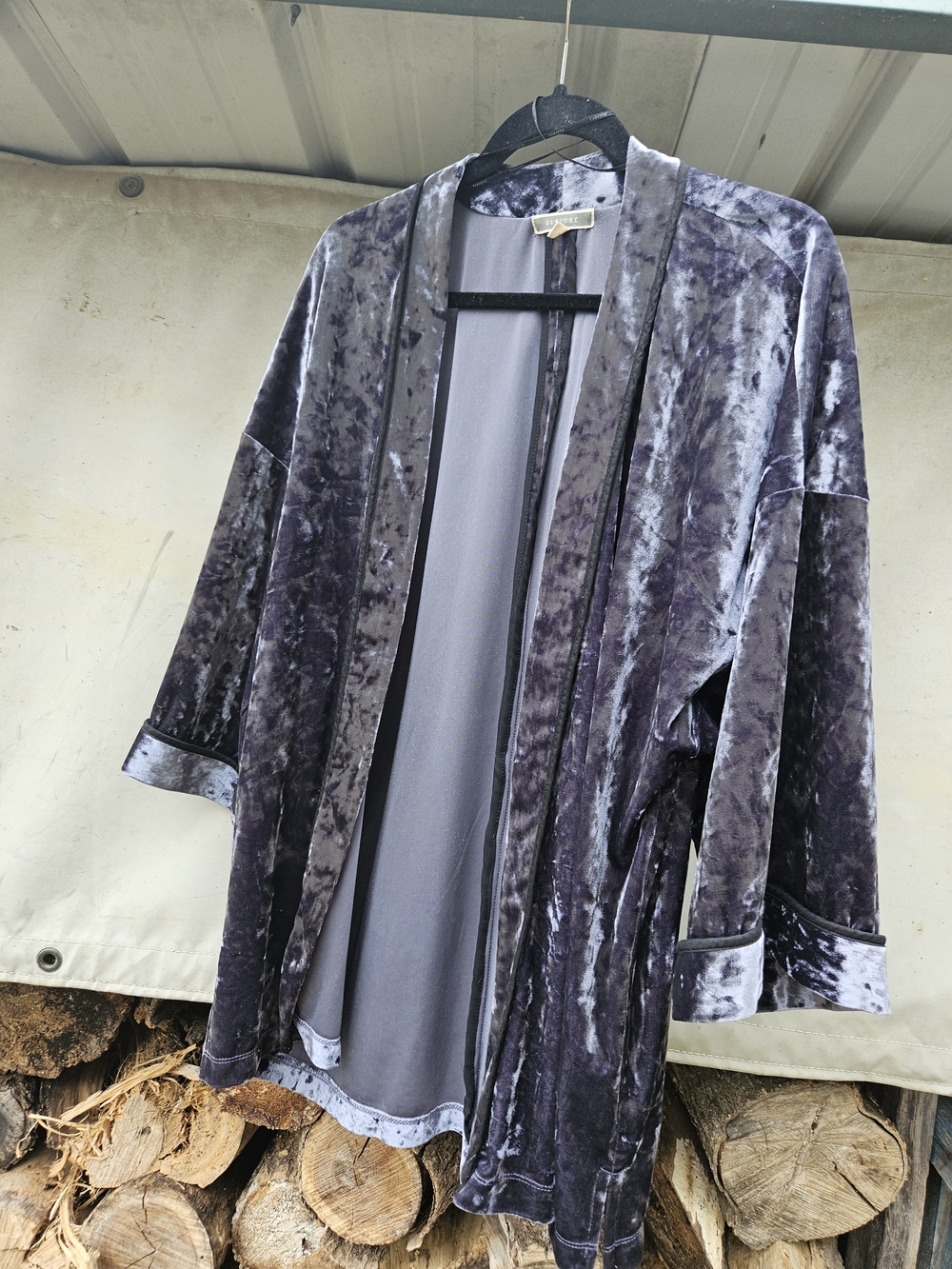 Gorgeous Crushed Velvet Kimono Robe Jacket - Purple-y Charcoal Gray Sz. M